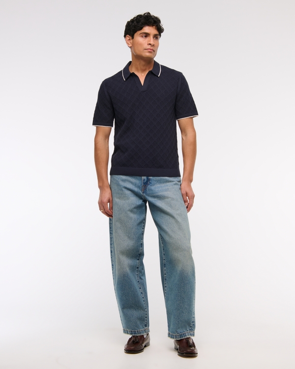 Preppy Tipped Johnny Collar Sweater Polo, Navy view 2