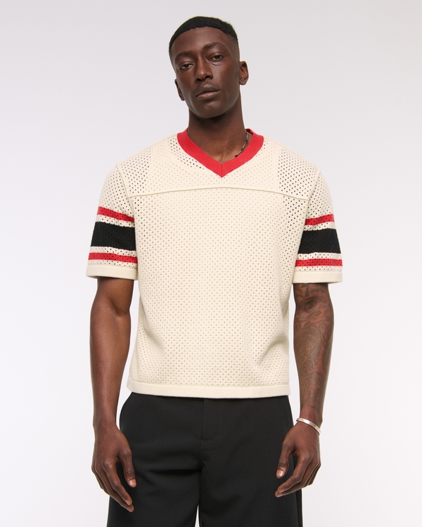 Football Jersey-Inspired Sweater, Warm Beige view 1