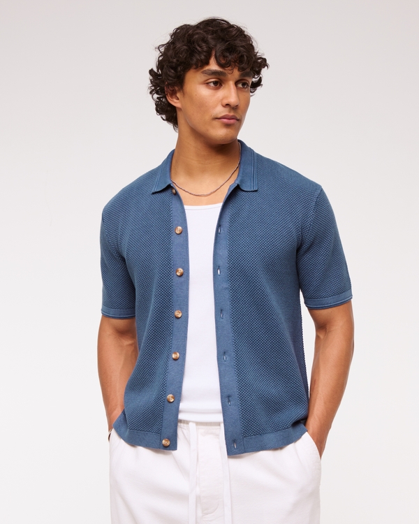 Garment Dye Button-Through Sweater Polo, Blue view 1