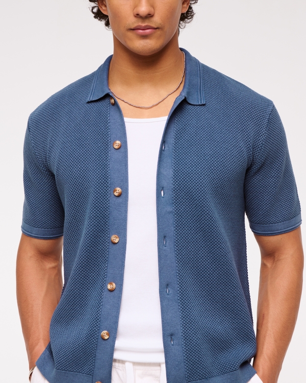 Garment Dye Button-Through Sweater Polo, Blue view 2