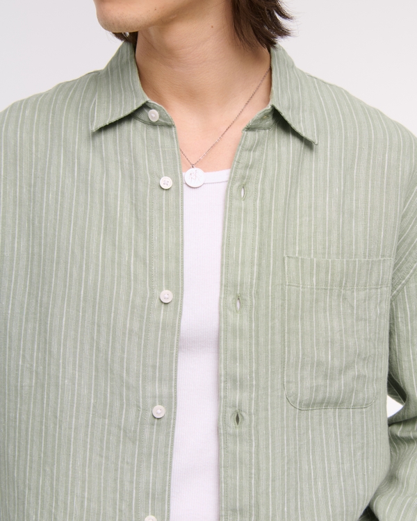 Cropped Linen Button-Up Shirt, Slate Green Stripe view 2