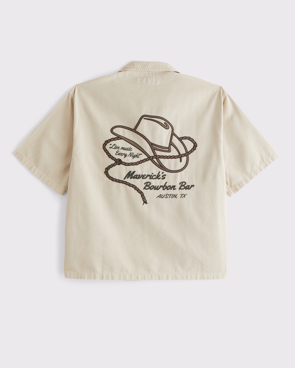 Short Sleeve Cropped Western Graphic Button-Up Shirt, Beige view 2