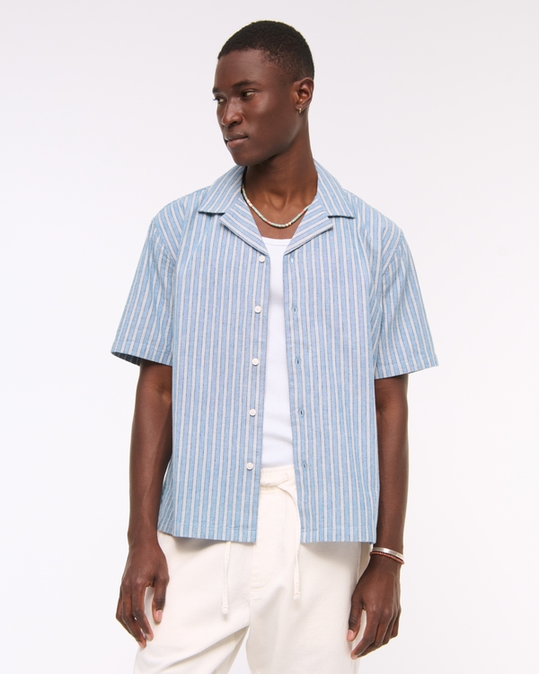 Camp Collar Summer Linen-Blend Shirt, Light Blue Stripe view 1