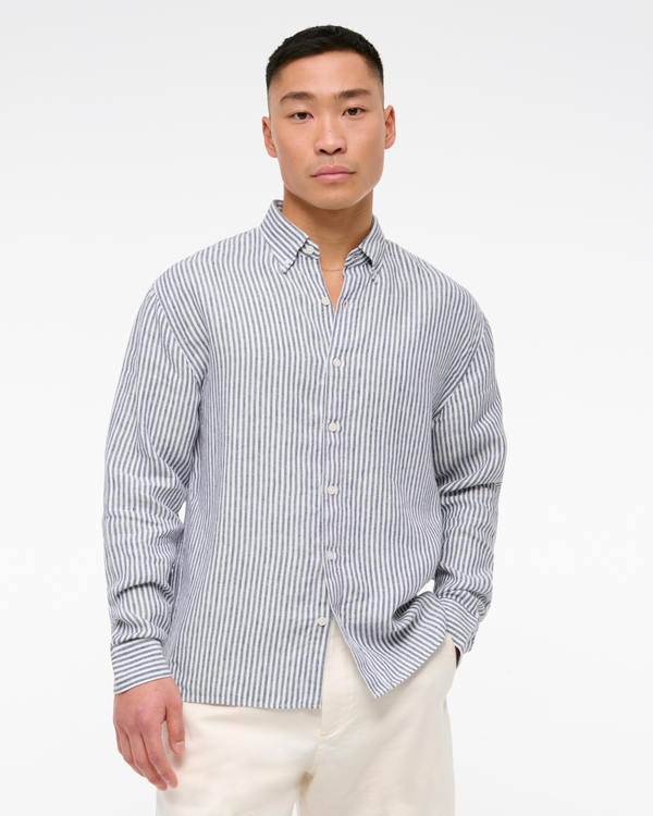 Linen Button-Up Shirt, Navy Stripe view 1