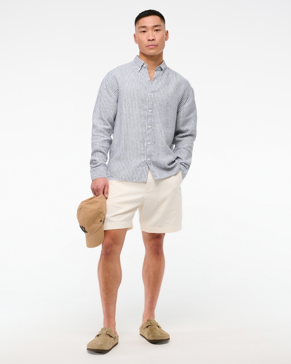 Linen Button-Up Shirt, Navy Stripe view 2