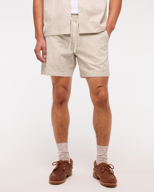 Linen-Blend Pull-On Short, Cream view 1