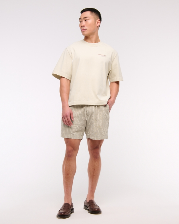 Seersucker Pull-On Short, Light Taupe Stripe view 1