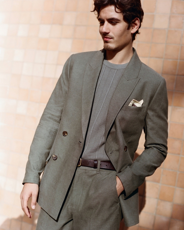 The A&F Collins Tailored Double-Breasted Linen-Blend Blazer, Dark Sage view 1