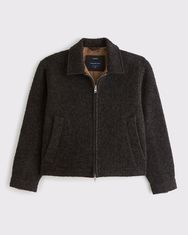 Cropped Wool-Blend Zip Jacket, Dark Brown Pattern view 1