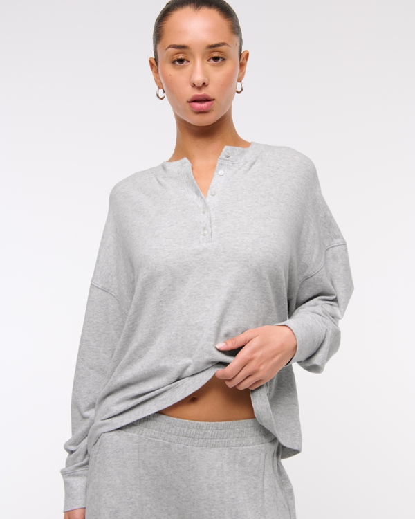 Long-Sleeve Cozy Lounge Knit Oversized Henley Top, Light Grey view 2