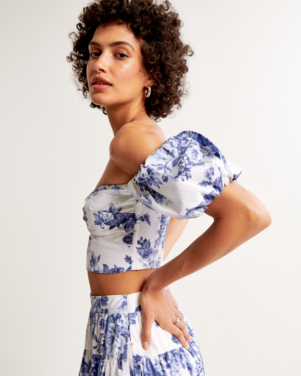 Poplin Off-The-Shoulder Set Top, Blue Floral view 2