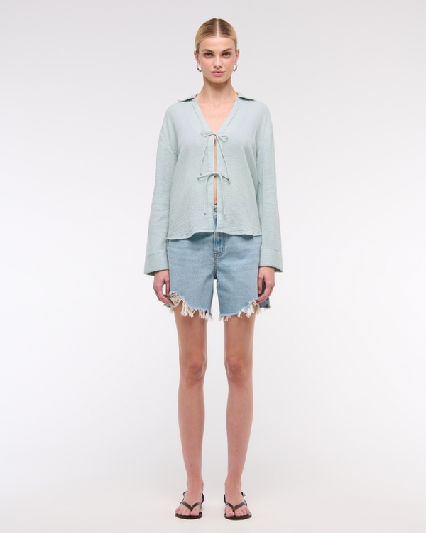 Long-Sleeve Oversized Tie-Front Gauzy Shirt, Light Green view 2