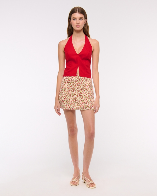 Linen-Blend Tailored Halter Vest, Vivid Red view 2