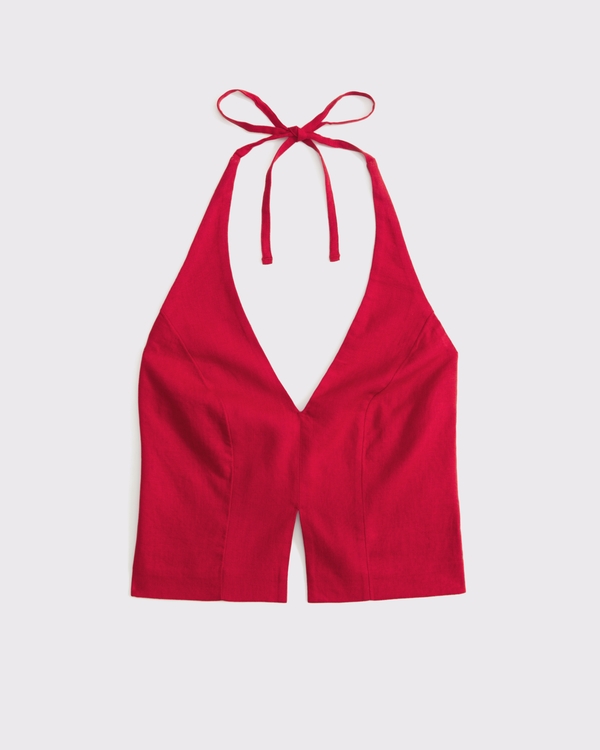 Linen-Blend Tailored Halter Vest, Vivid Red view 1