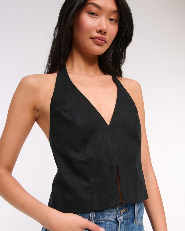 Linen-Blend Tailored Halter Vest, Black view 2