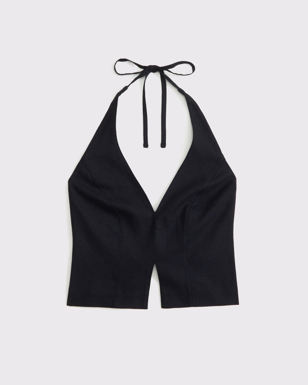 Linen-Blend Tailored Halter Vest, Black view 1