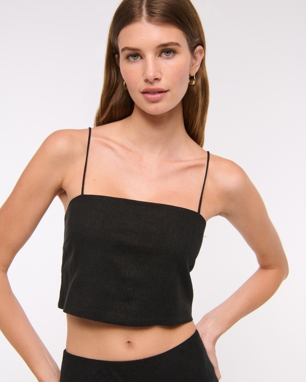 Cropped Linen-Blend Cami, Black view 1