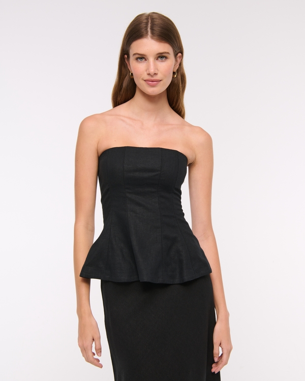 Linen-Blend Strapless Peplum Top, Black view 1