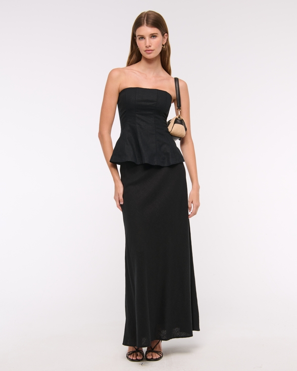 Linen-Blend Strapless Peplum Top, Black view 2