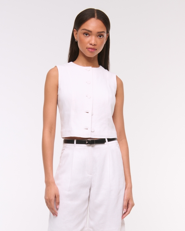 Cropped Linen-Blend Button-Through Vest, White view 1