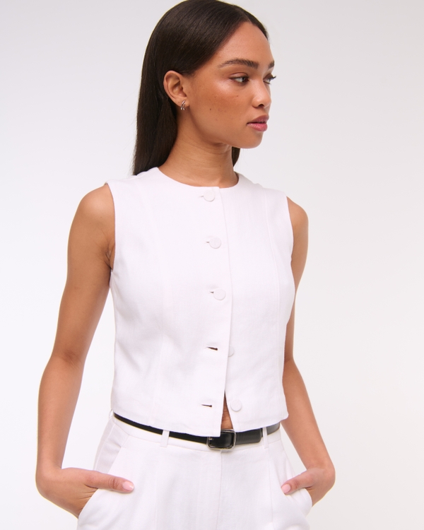 Cropped Linen-Blend Button-Through Vest, White view 2