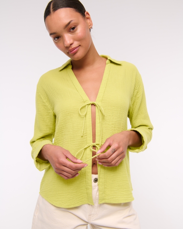 Long-Sleeve Oversized Tie-Front Gauzy Shirt, Green view 1