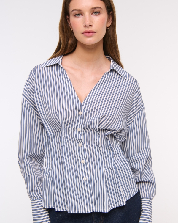 Nipped Poplin Shirt, Blue Stripe view 2