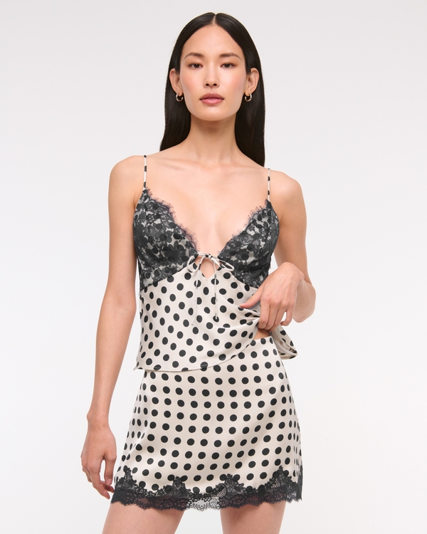 High Rise Satin Lace-Hem Mini Skirt, Cream Dot view 2