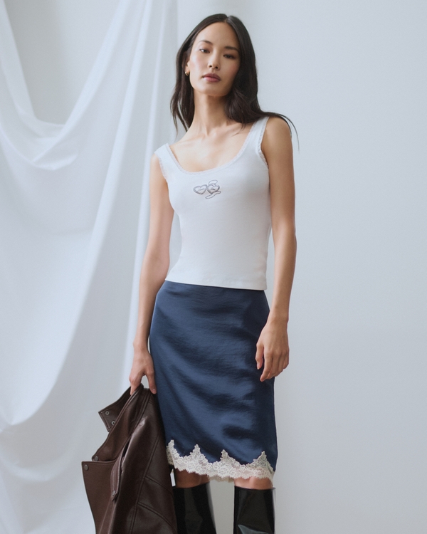 High Rise Satin Lace-Hem Midi Skirt, Dark Indigo view 1