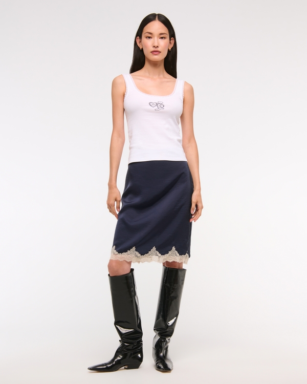 High Rise Satin Lace-Hem Midi Skirt, Dark Indigo view 2