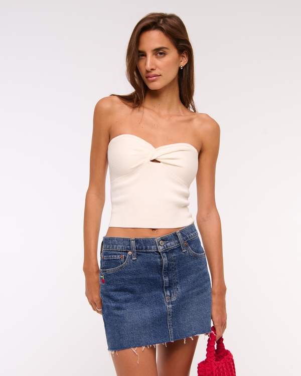 Mid Rise Denim Mini Skirt, Medium Cherry Embroidery view 1