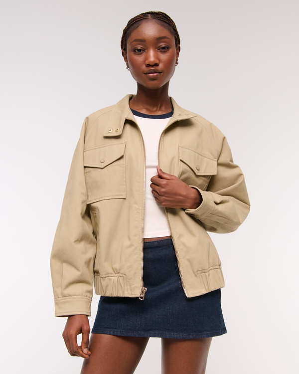 Relaxed Twill Bomber Jacket, Creamy Brown view 1