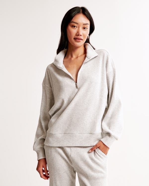 Lounge Brushed Rib Half-Zip, Light Grey view 2
