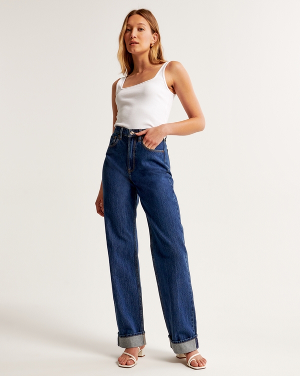 High Rise Loose Jean, Dark With Cuff Hem view 1