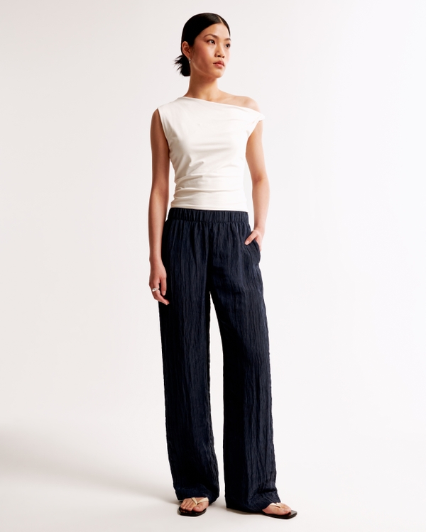 Crinkle Textured Pull-On Pant, Dark Indigo view 1