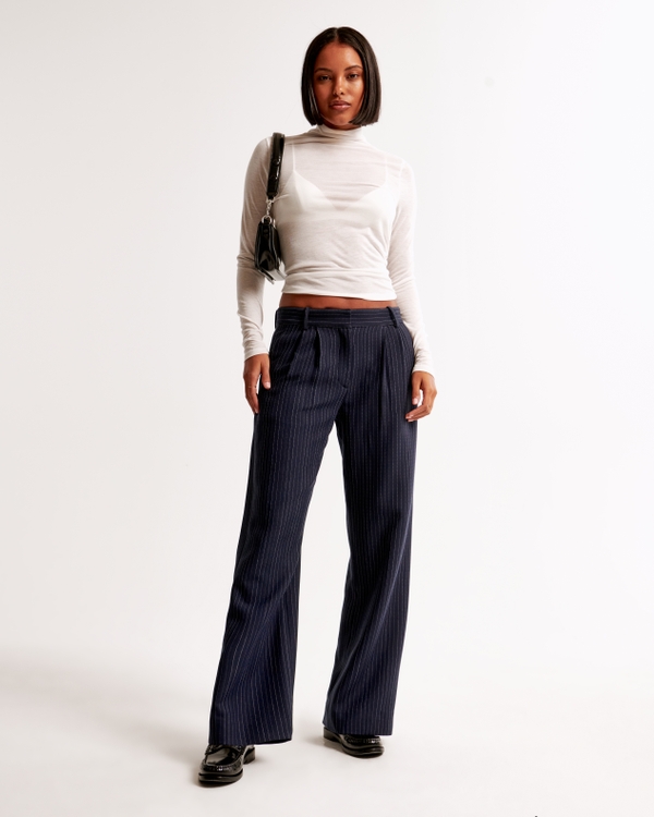 A&F Sloane Low Rise Tailored Wide Leg Pant, Dark Indigo Pinstripe view 1
