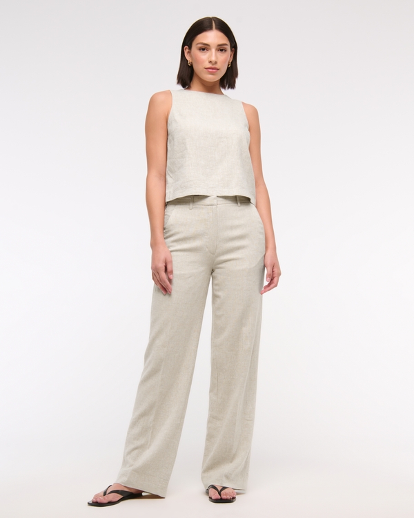 Tailored Linen-Blend Wide Leg Pant, Oatmeal view 1