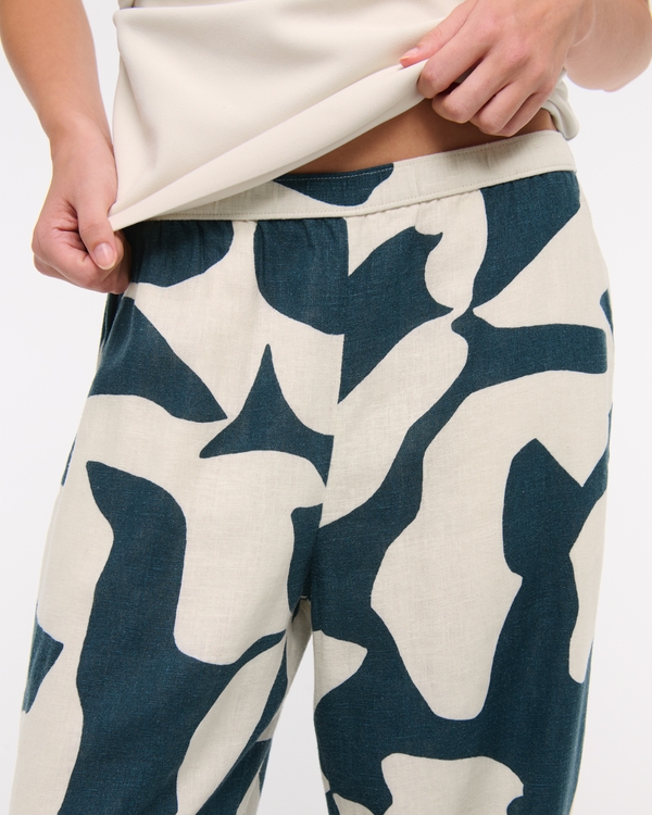 Straight Linen-Blend Pull-On Pant, Teal Pattern view 2