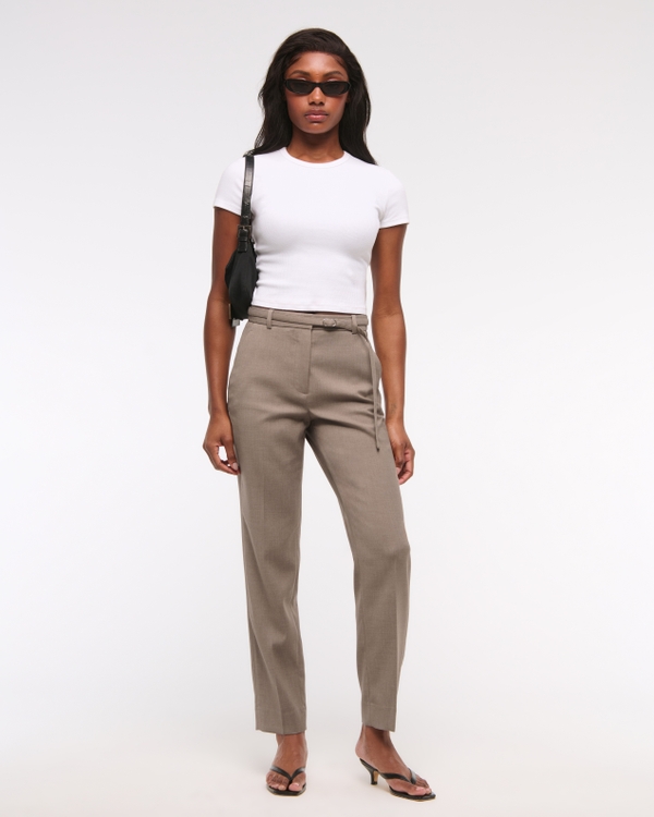 High Rise Belted Ankle Straight Pant, Brown view 1