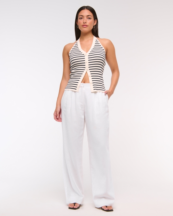 Curve Love A&F Sloane Low Rise Tailored Linen-Blend Pant, White view 1