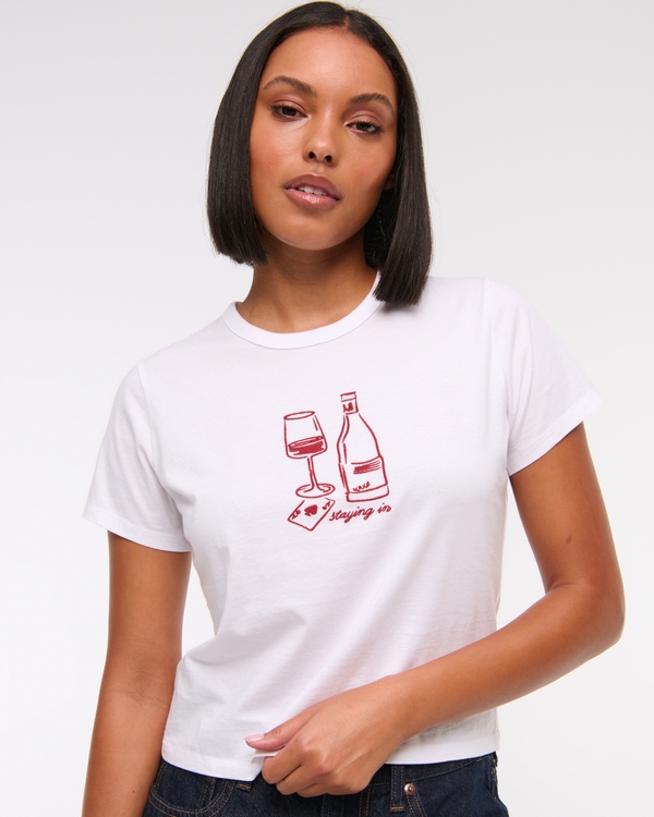 Short-Sleeve Staying In Graphic Skimming Tee, White view 1