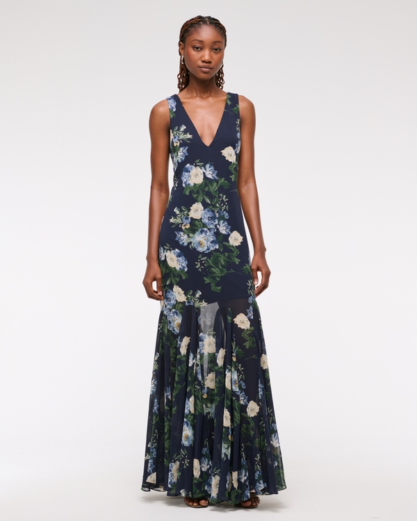 Plunge Godet Skirt Maxi Dress, Dark Indigo Floral view 1