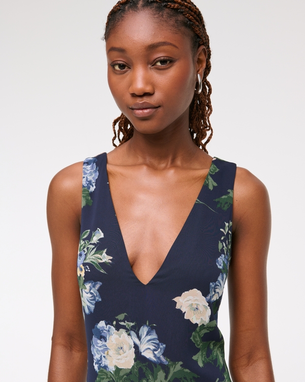 Plunge Godet Skirt Maxi Dress, Dark Indigo Floral view 2