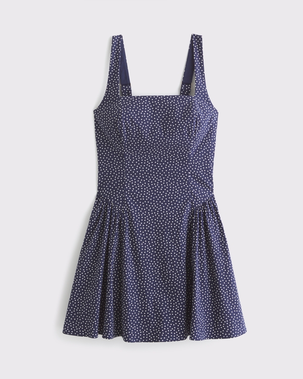 The A&F Mila Dipped-Waist Stretch Mini Dress, Navy Dot view 1