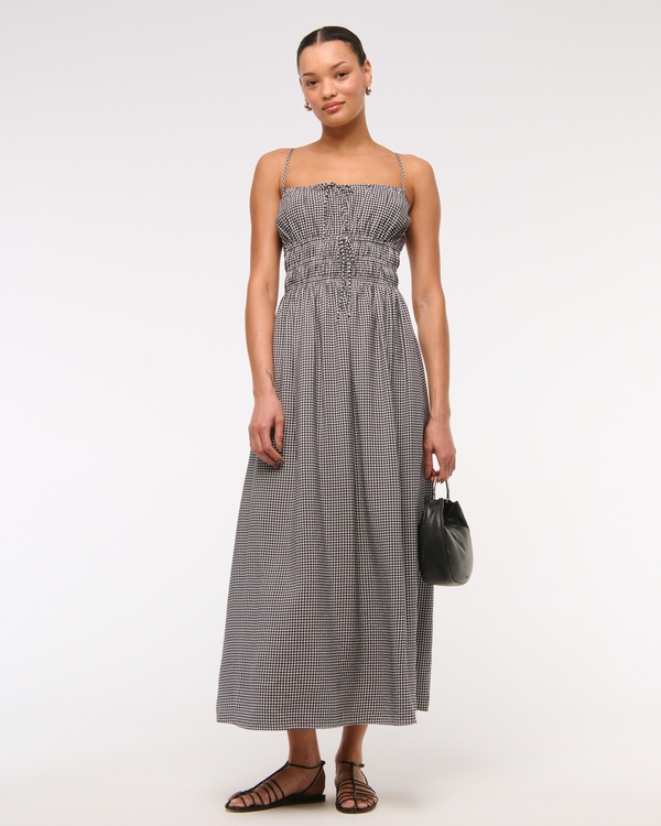 Smocked Tie-Front Maxi Dress, Black Gingham view 1