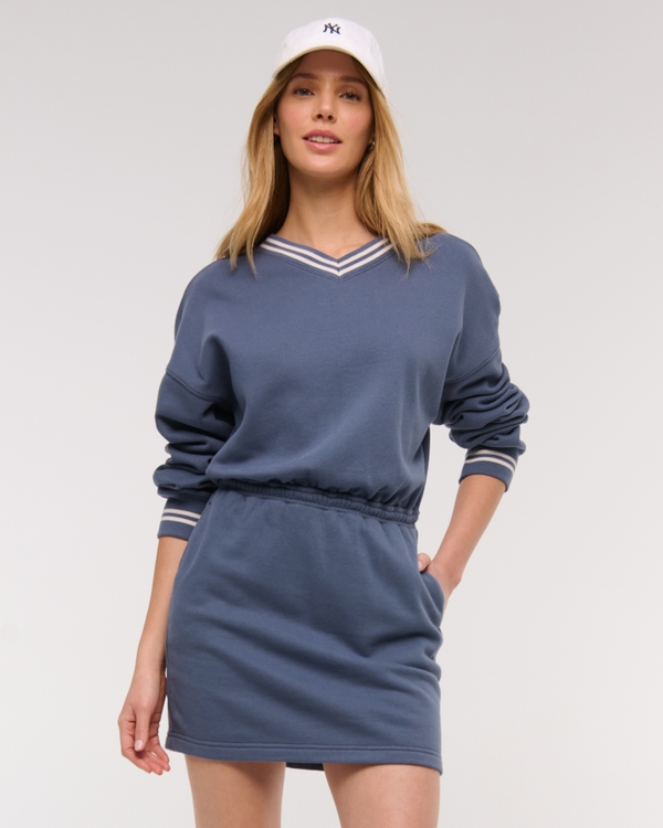 Fleece V-Neck Mini Dress, Vintage Indigo view 1