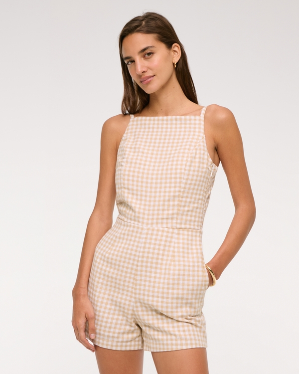 Apron Linen-Blend Romper, Soft Caramel view 1