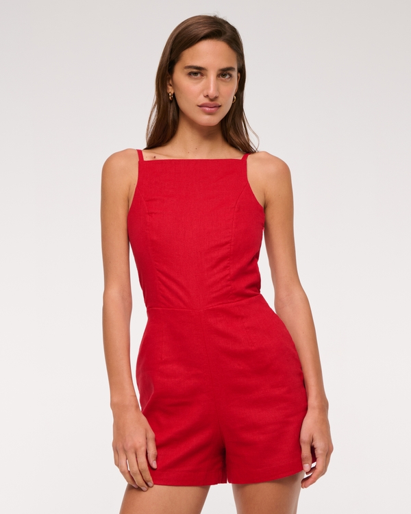 Apron Linen-Blend Romper, Fiery Red view 1
