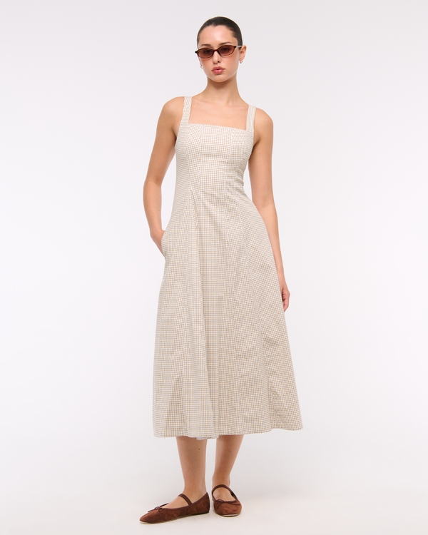 The A&F Mila Stretch Midi Dress, Light Brown Gingham view 1