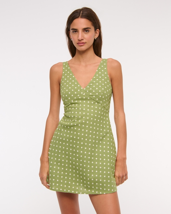 V-Neck Linen-Blend Mini Dress, Green Dot view 1